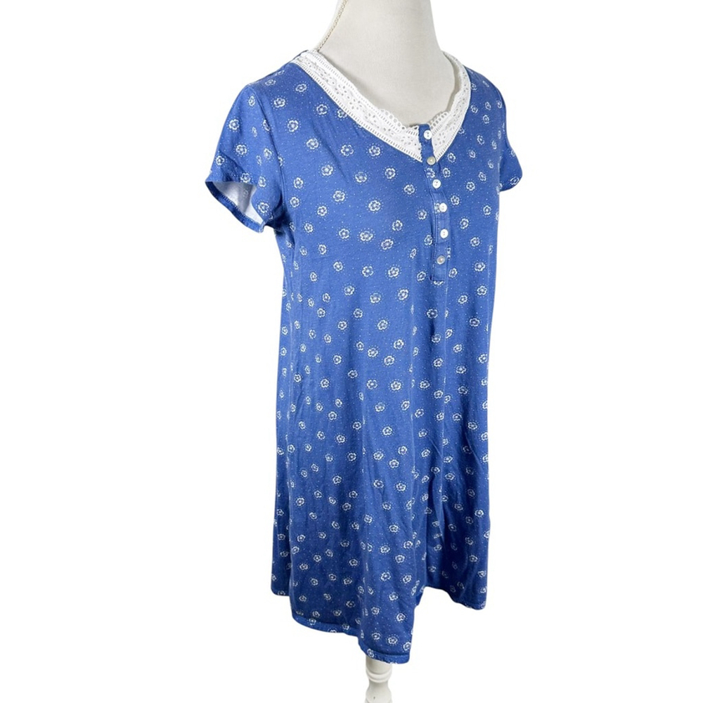 Eileen West V-Neck Henley Button Nightgown Blue Floral Knit Cotton Cottage Sz S - Picture 5 of 7